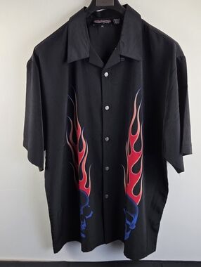 Sapphire Lounge Shirt Mens 3XL Black Short Sleeve Button Up Flaming Skull Y2k